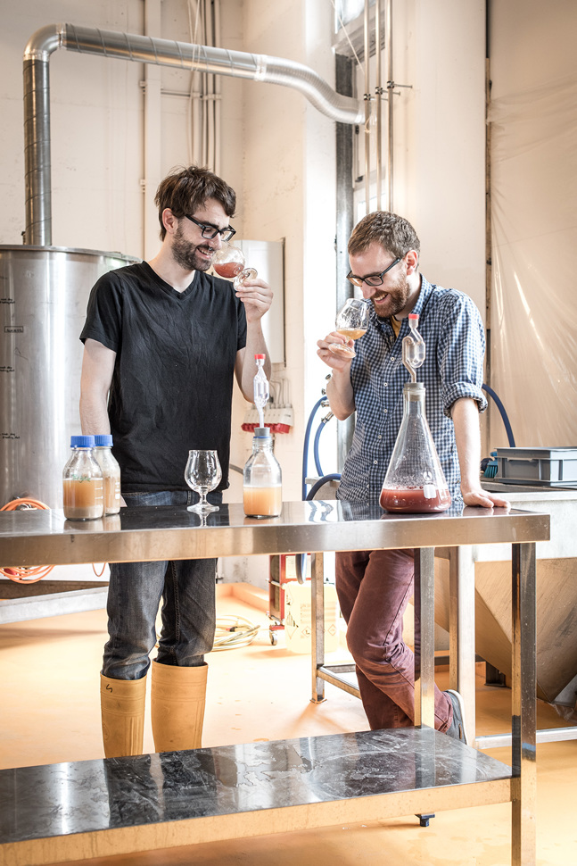 Tobias und Samuel Aeschlimann degustieren die Vergärungsproben.