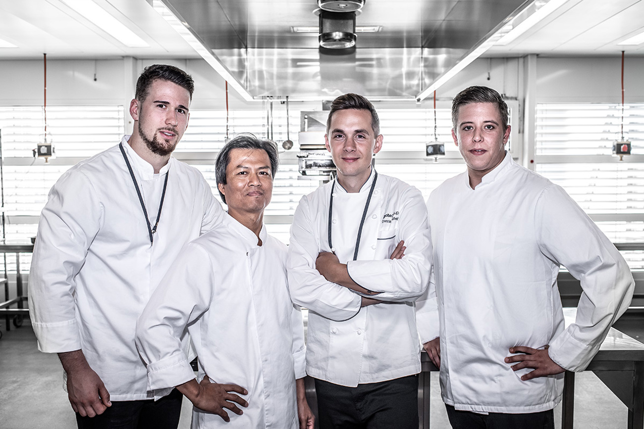 Das Entwicklungsteam von Gate Gourmet Schweiz: Tobias Waldmann, Kim Ang Svay, Dennis Puchert und Philipp Dischinger